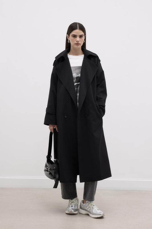 Long Trench Coat with Epaulettes Black