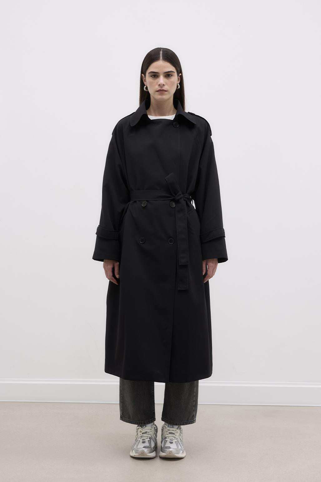 Long Trench Coat with Epaulettes Black