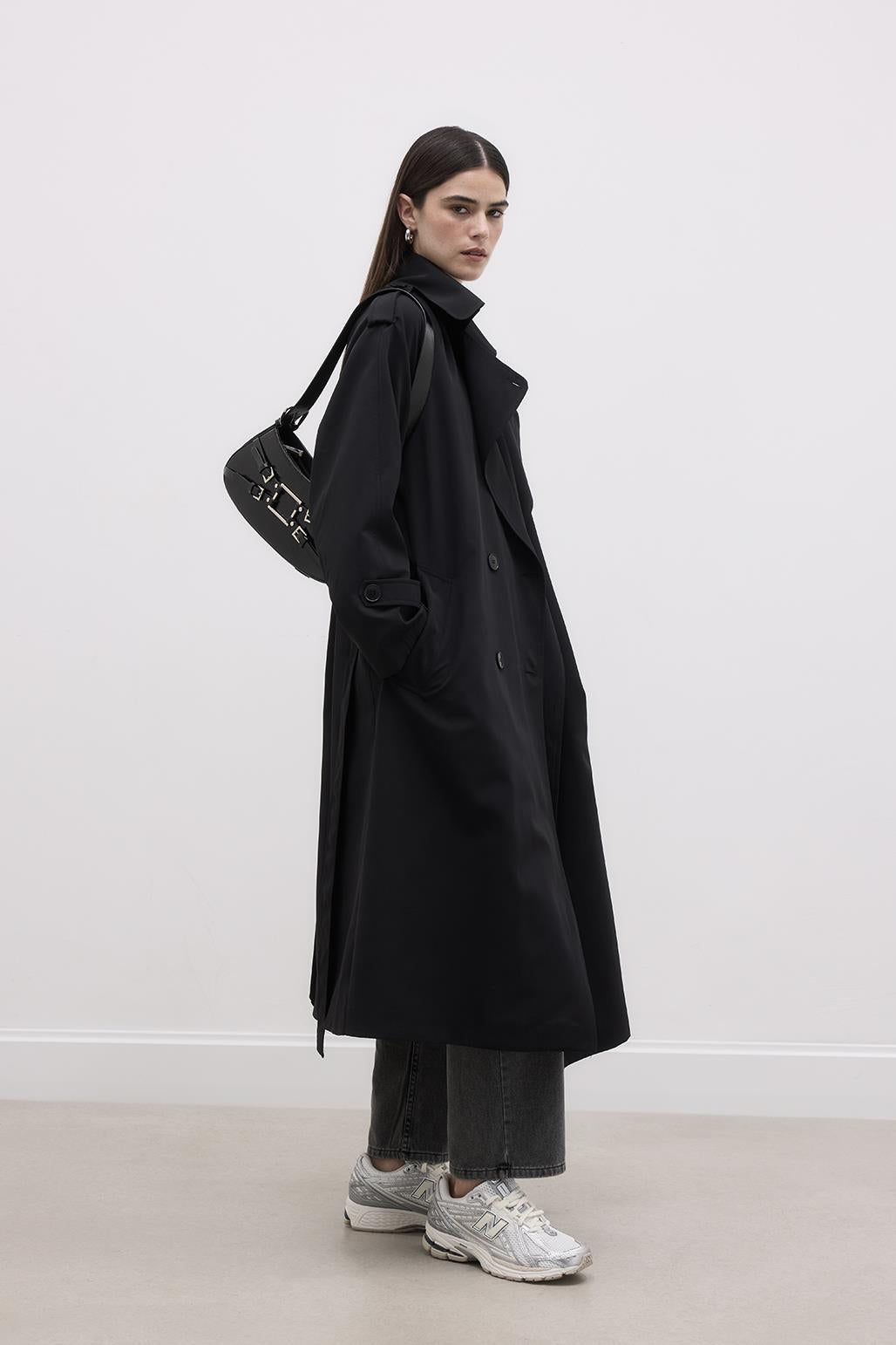 Long Trench Coat with Epaulettes Black