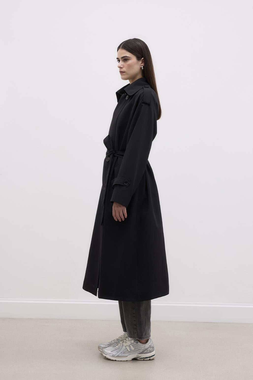 Long Trench Coat with Epaulettes Black