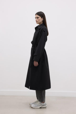Long Trench Coat with Epaulettes Black