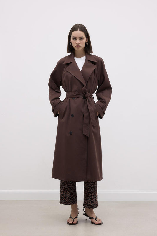 Long Trench Coat with Epaulettes Brown