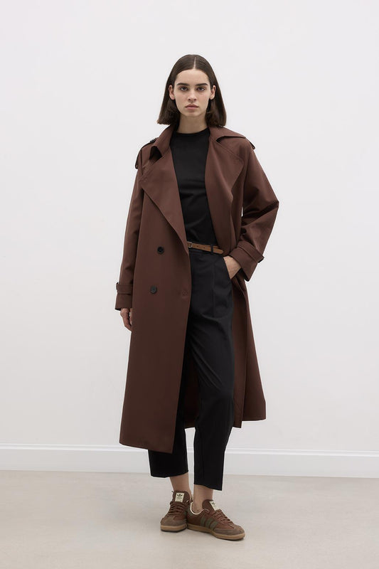 Long Trench Coat with Epaulettes Brown