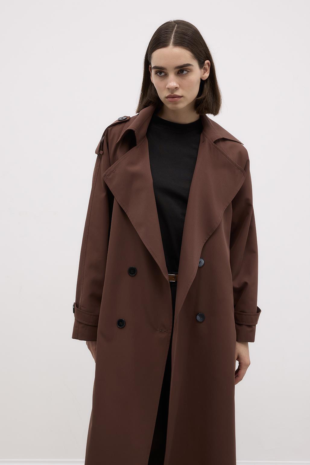 Long Trench Coat with Epaulettes Brown