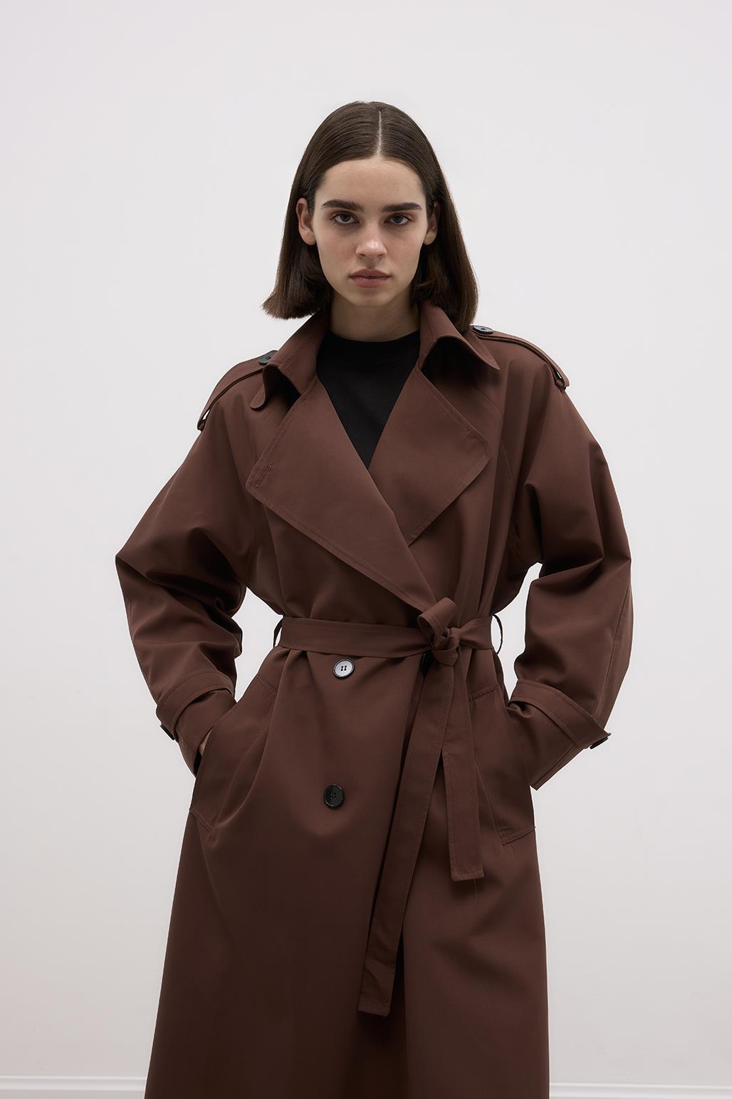 Long Trench Coat with Epaulettes Brown