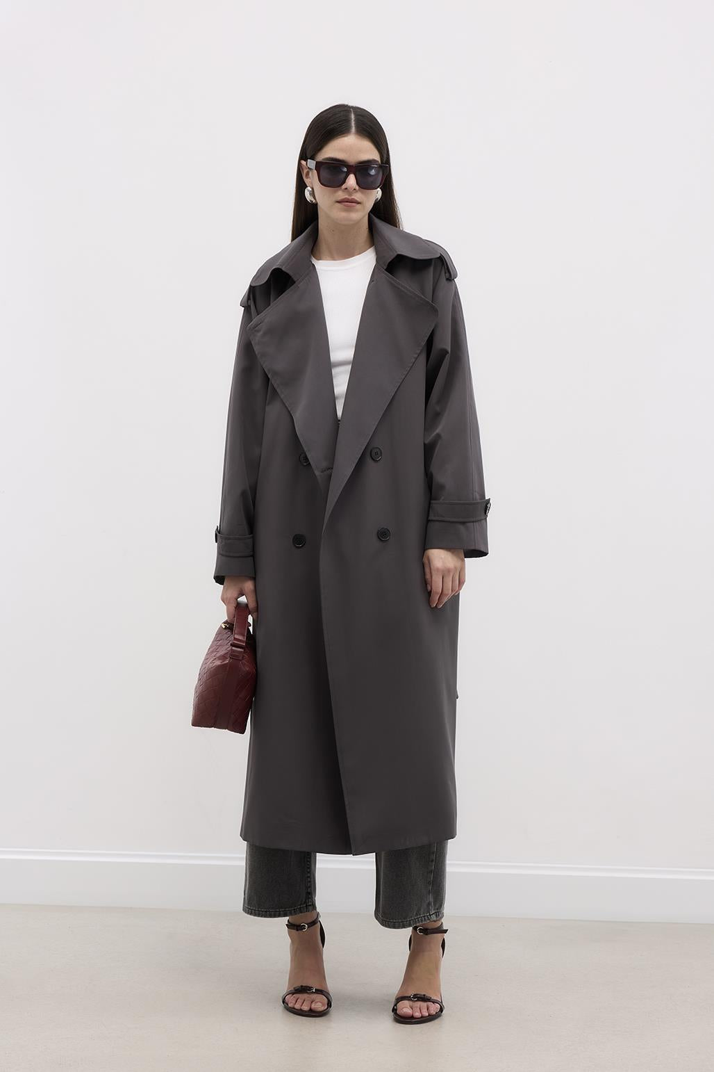 Long Trench Coat with Epaulettes Smoked