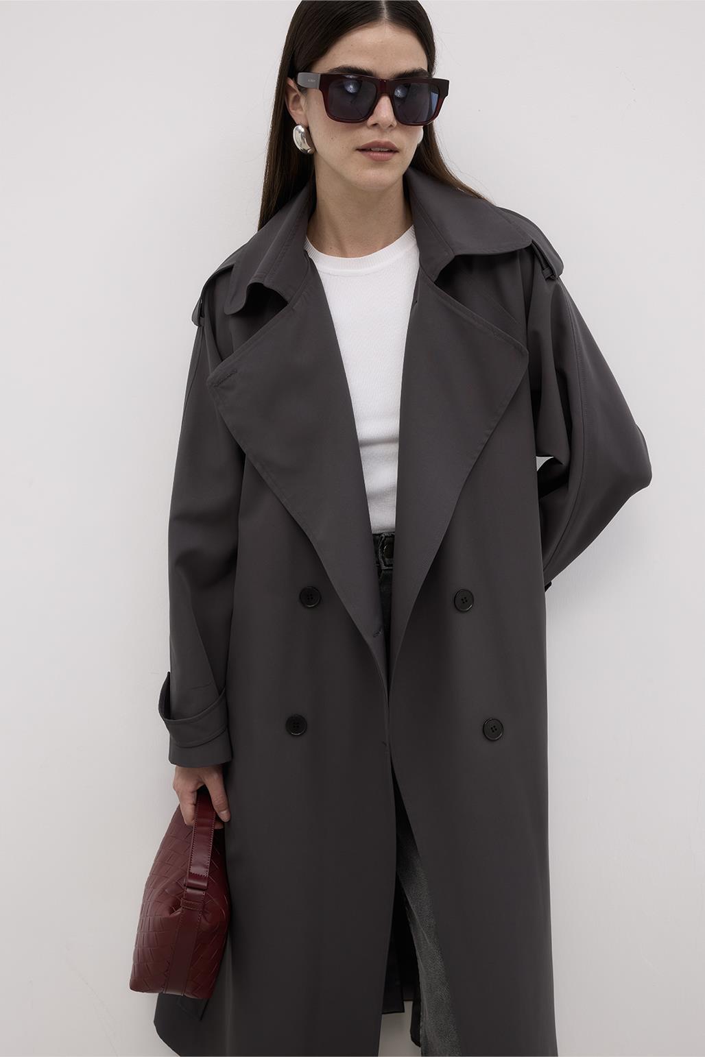 Long Trench Coat with Epaulettes Smoked