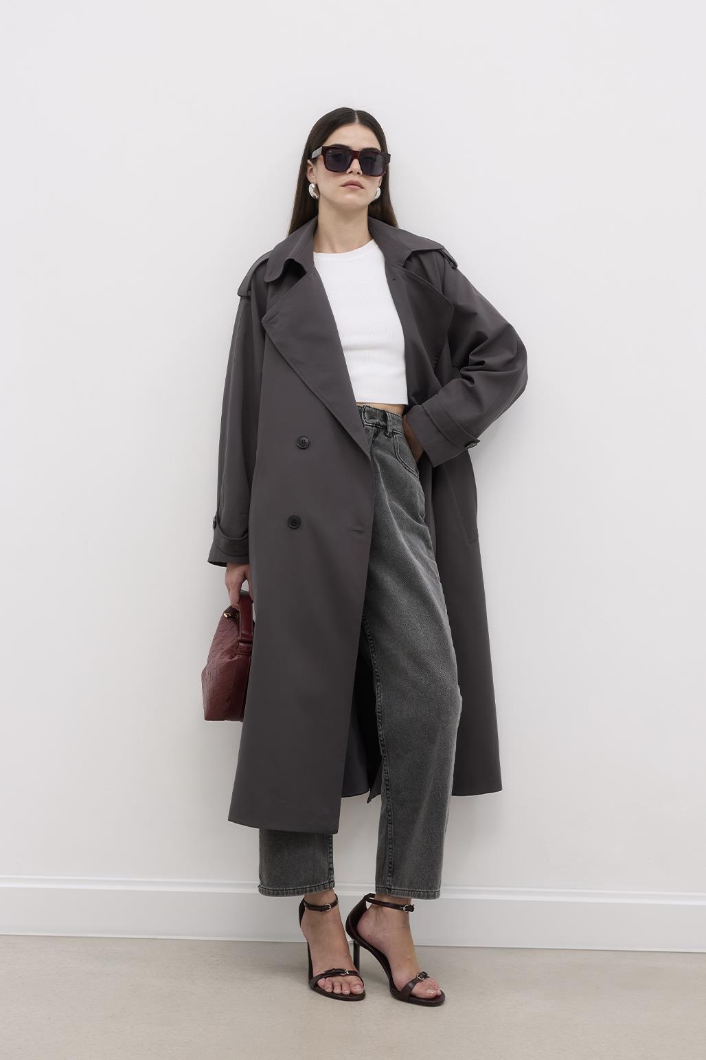 Long Trench Coat with Epaulettes Smoked