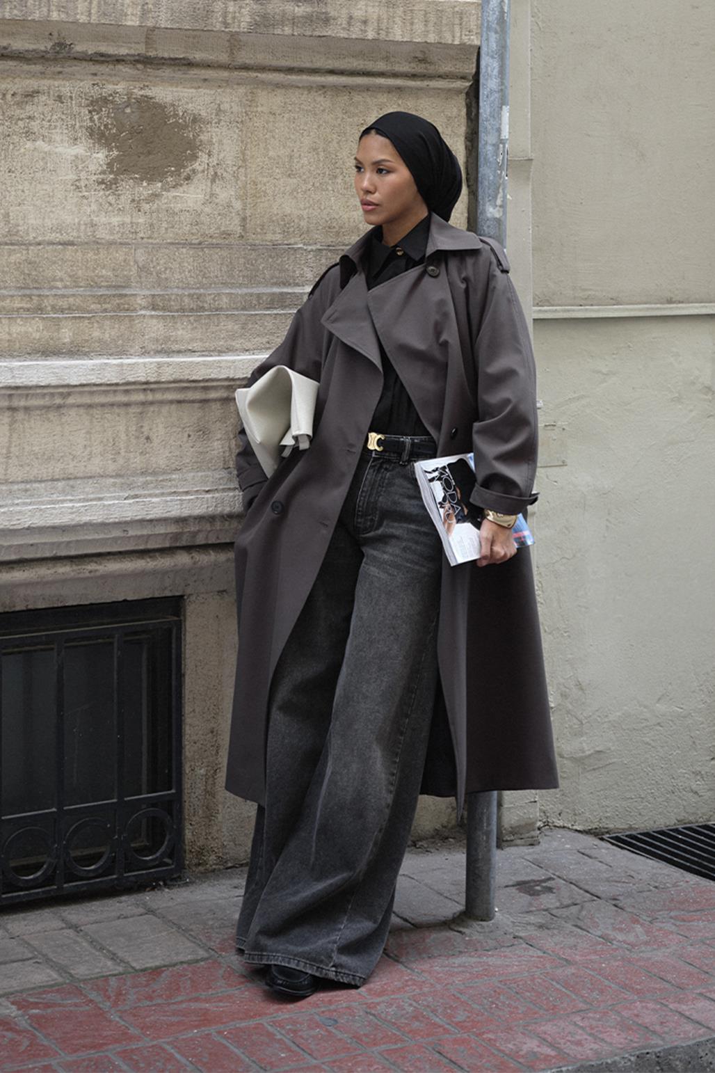 Long Trench Coat with Epaulettes Smoked