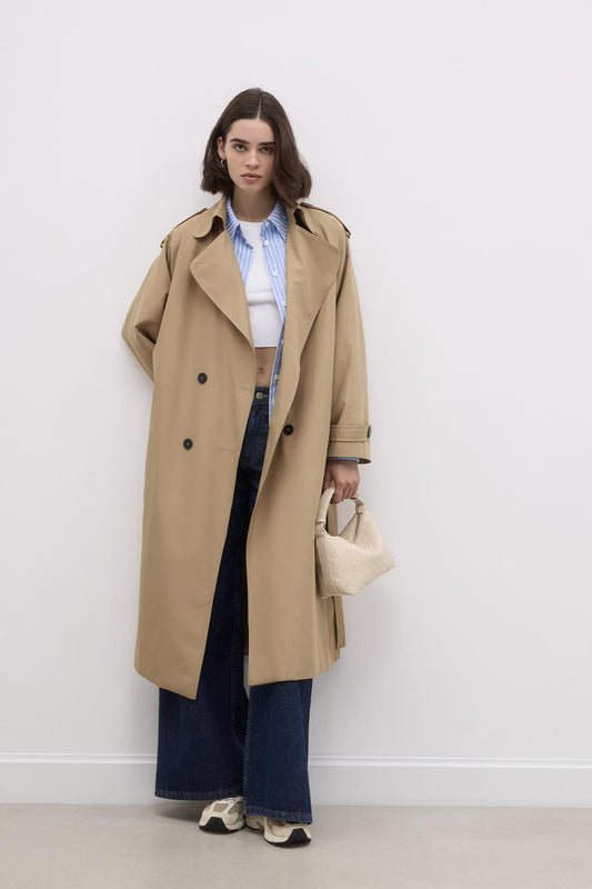 Long Trench Coat with Epaulettes Walnut