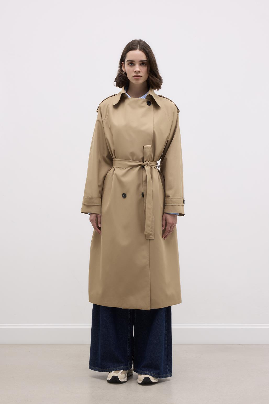 Long Trench Coat with Epaulettes Walnut