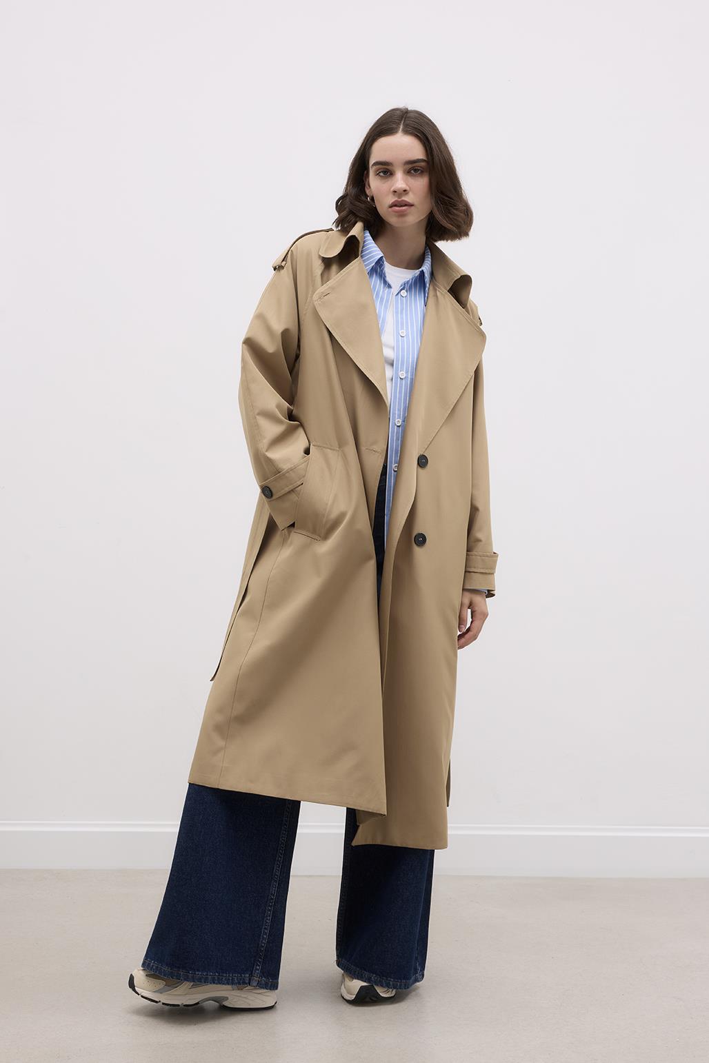 Long Trench Coat with Epaulettes Walnut