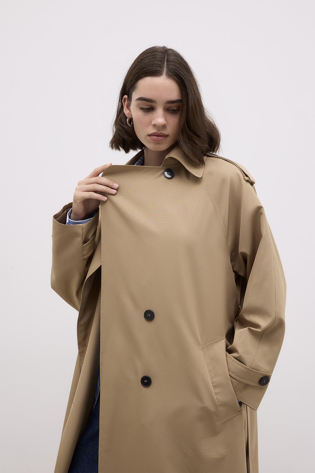 Long Trench Coat with Epaulettes Walnut