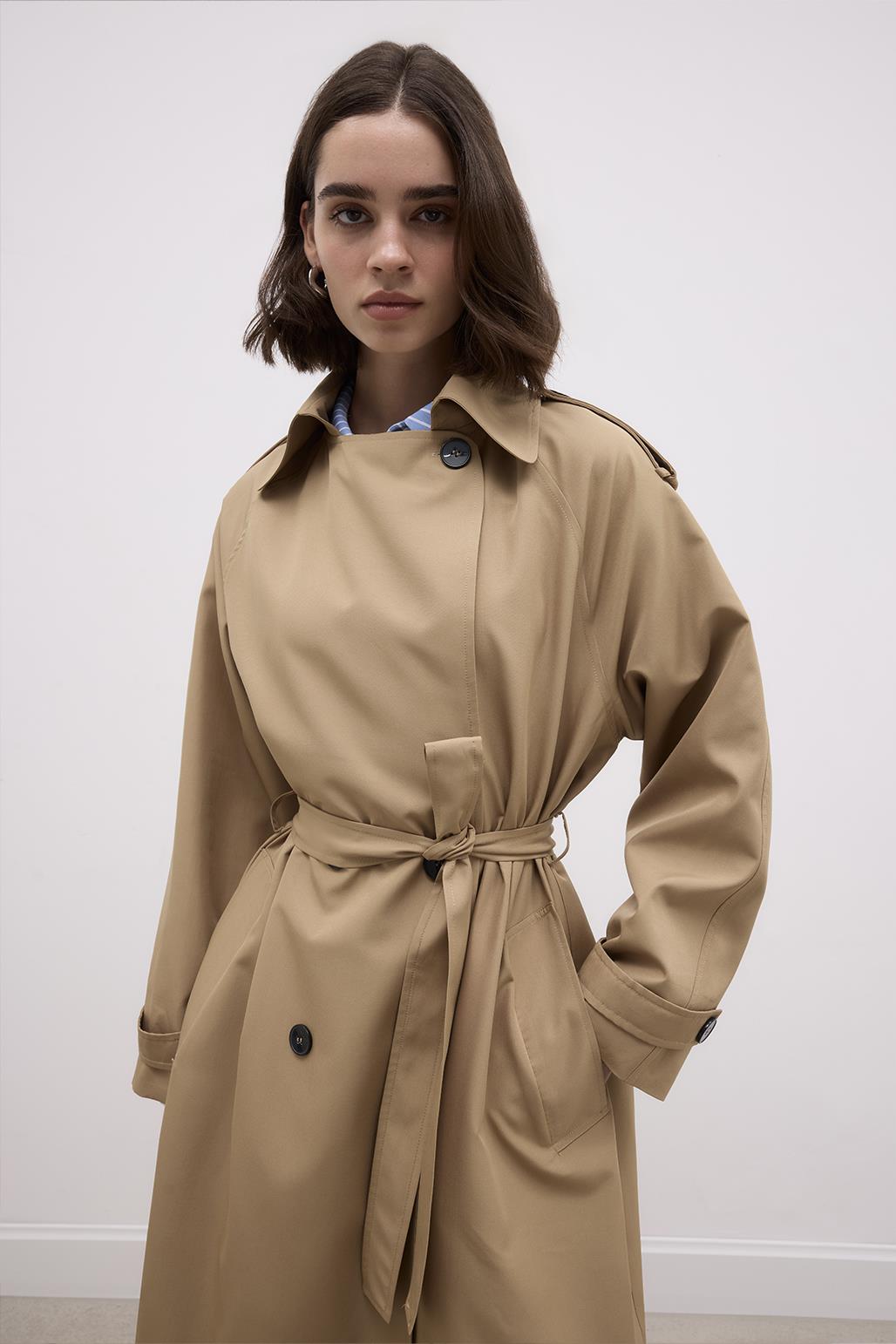 Long Trench Coat with Epaulettes Walnut