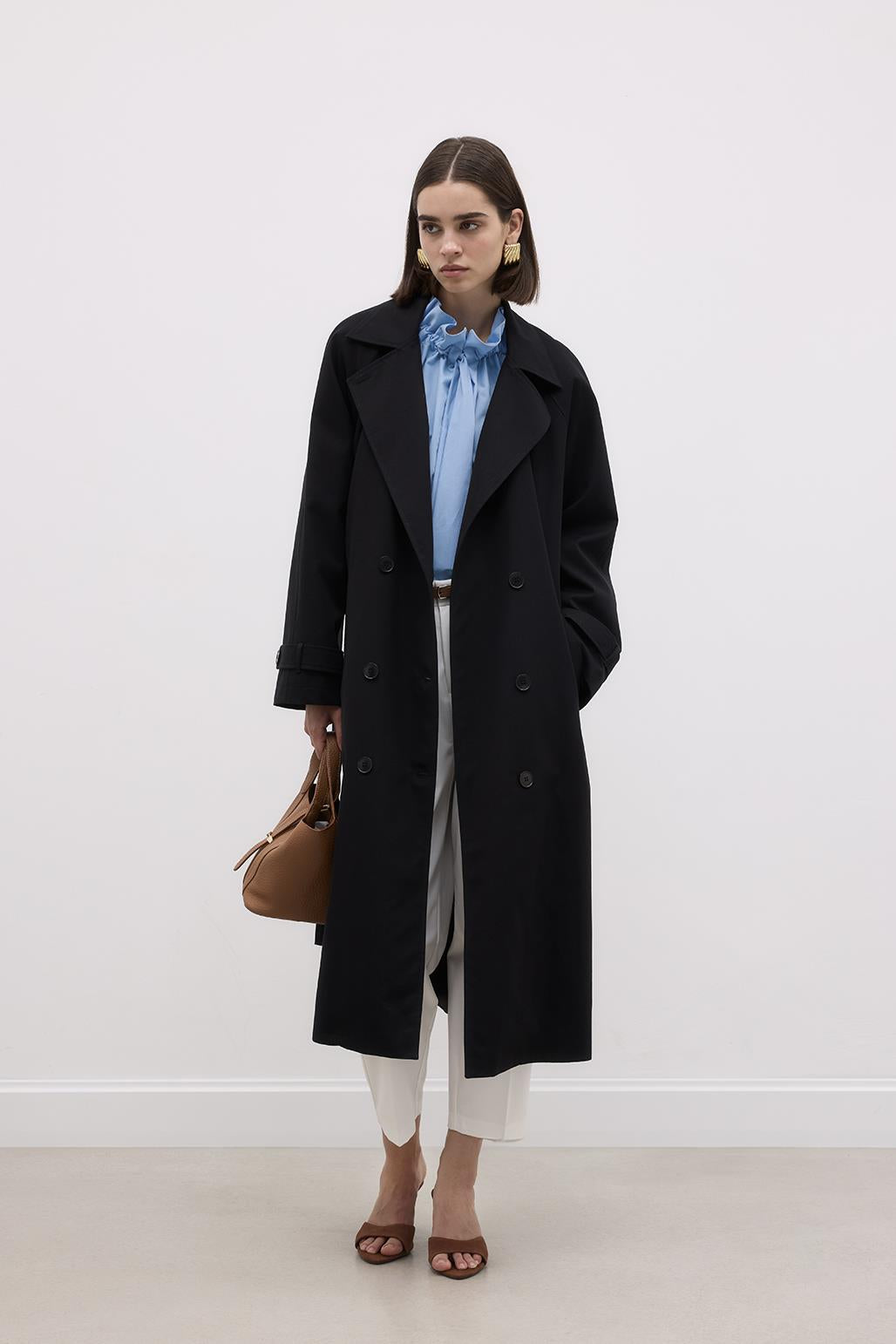 Long Trench Coat with Premium Collar Black