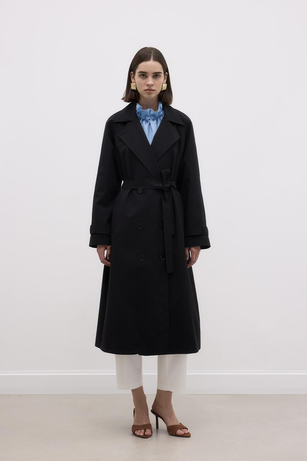 Long Trench Coat with Premium Collar Black