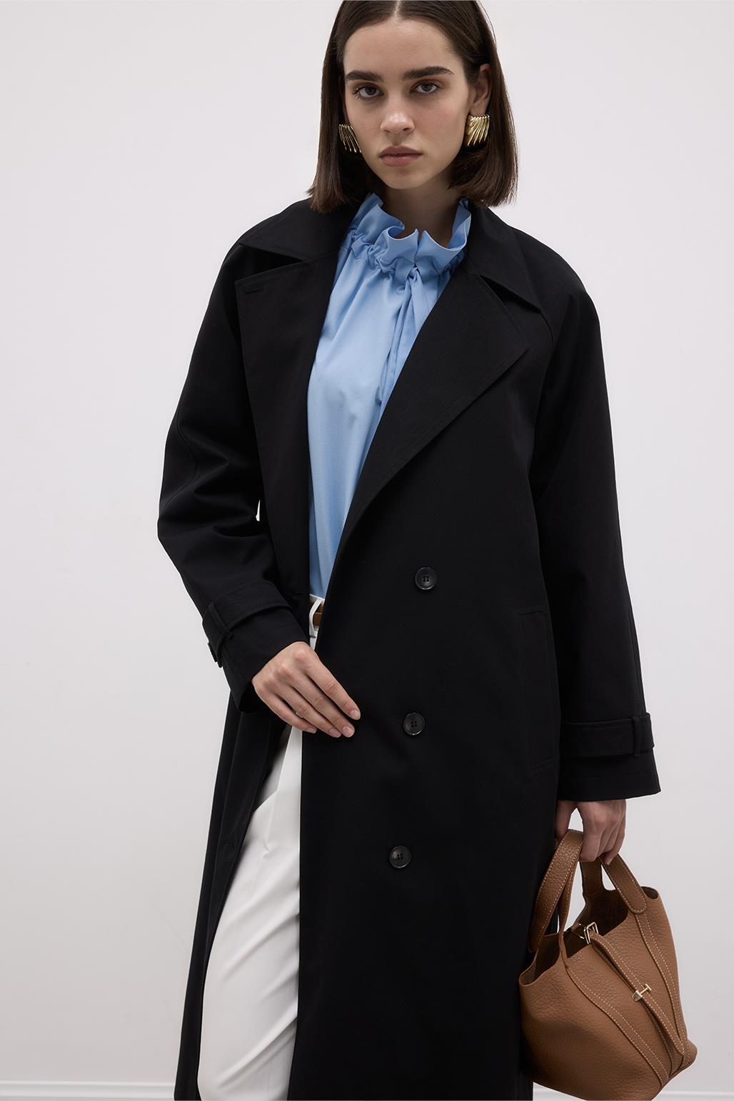 Long Trench Coat with Premium Collar Black