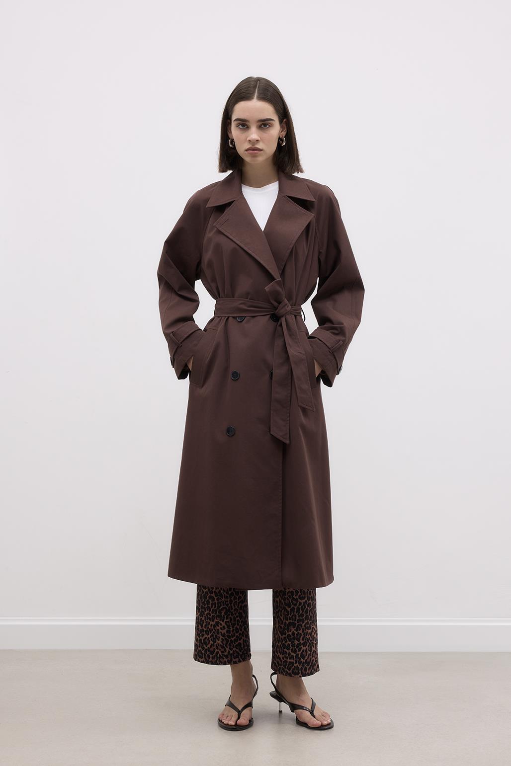 Long Trench Coat with Premium Collar Brown