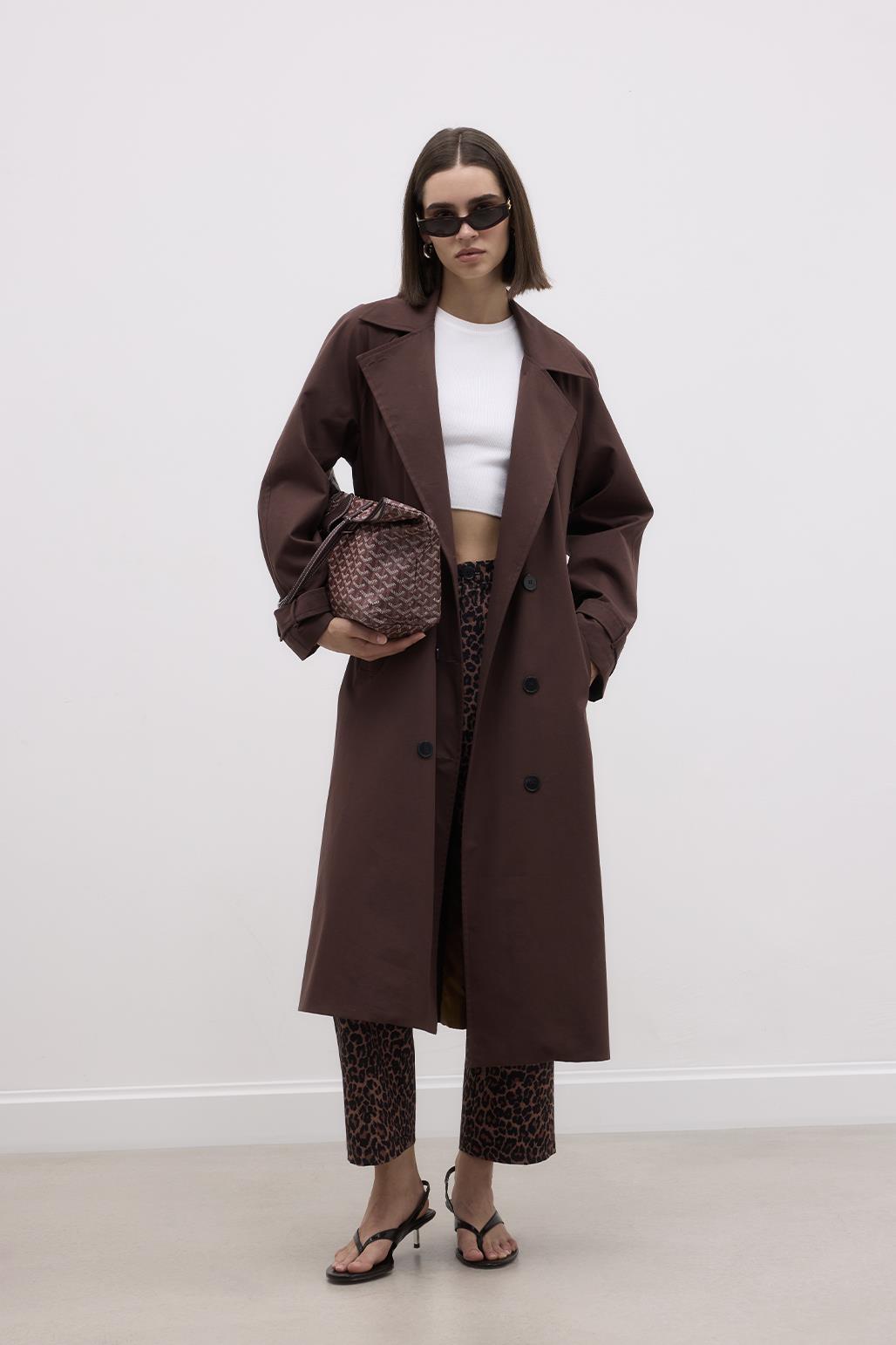 Long Trench Coat with Premium Collar Brown