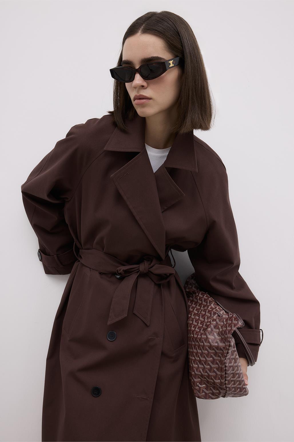 Long Trench Coat with Premium Collar Brown