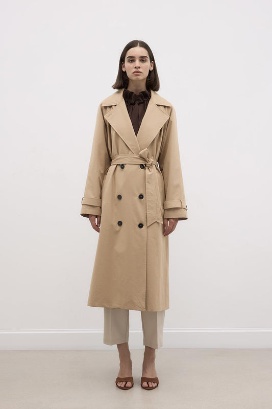 Long Trench Coat with Premium Collar Camel