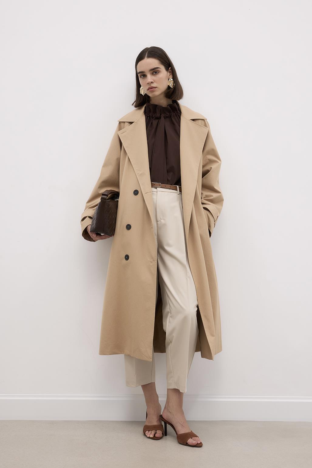 Long Trench Coat with Premium Collar Camel