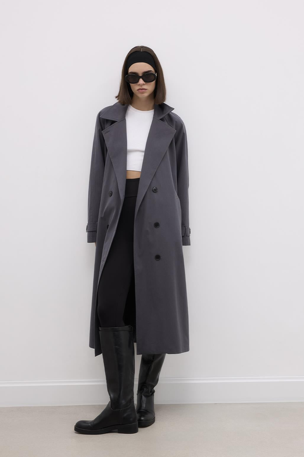 Long Trench Coat with Premium Collar Smoked