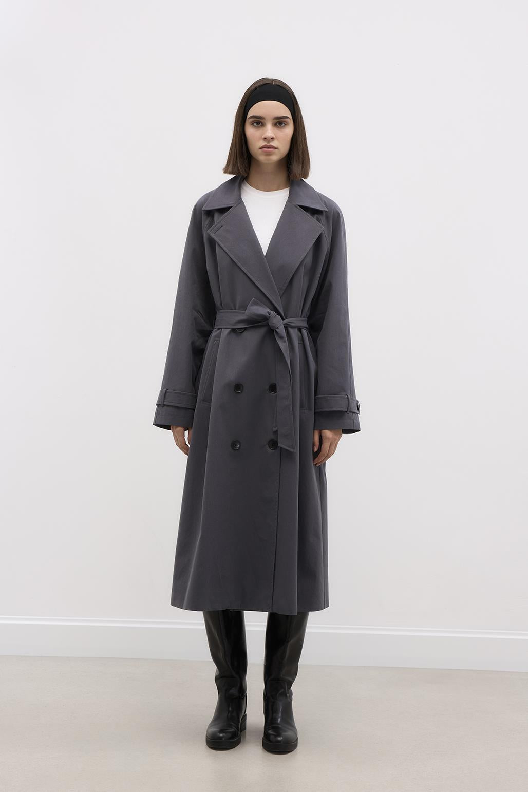 Long Trench Coat with Premium Collar Smoked