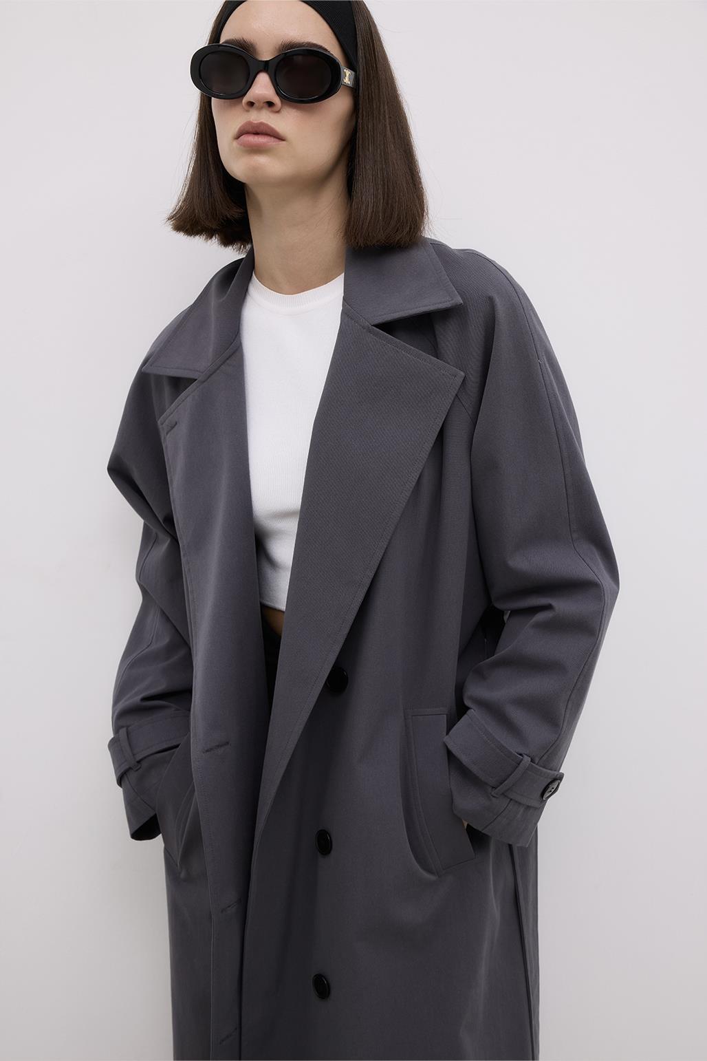 Long Trench Coat with Premium Collar Smoked