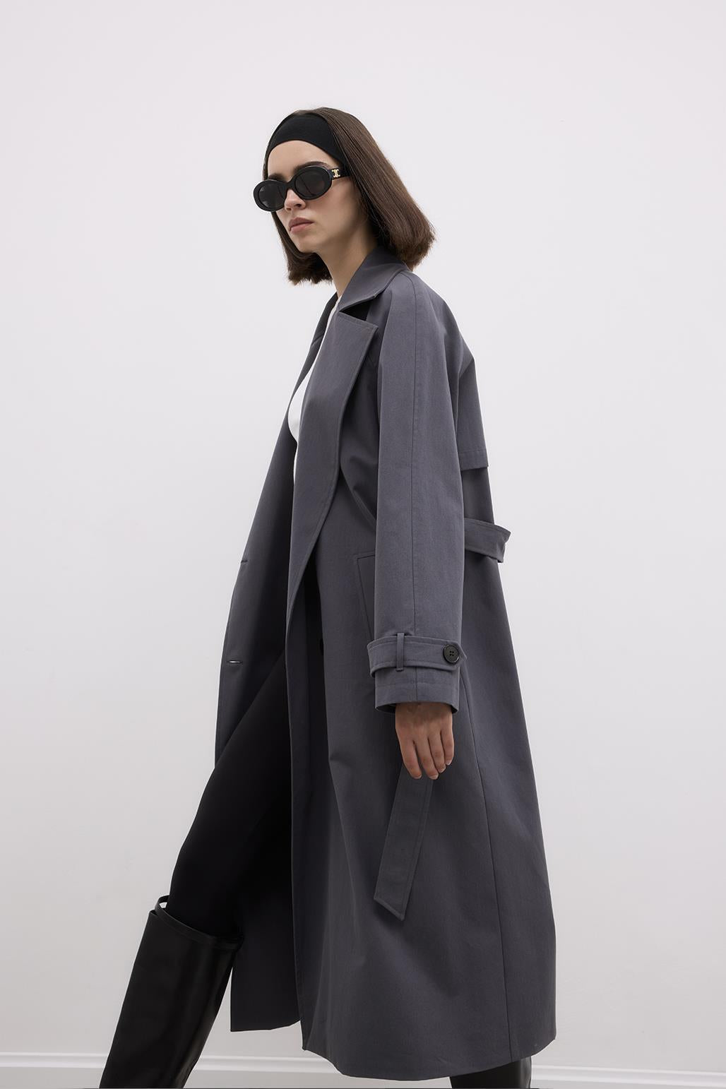 Long Trench Coat with Premium Collar Smoked