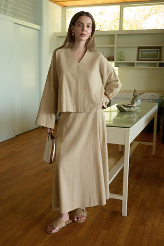 Lune Linen Shirt and Skirt Set Camel
