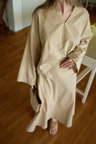 Lune Linen Shirt and Skirt Set Camel