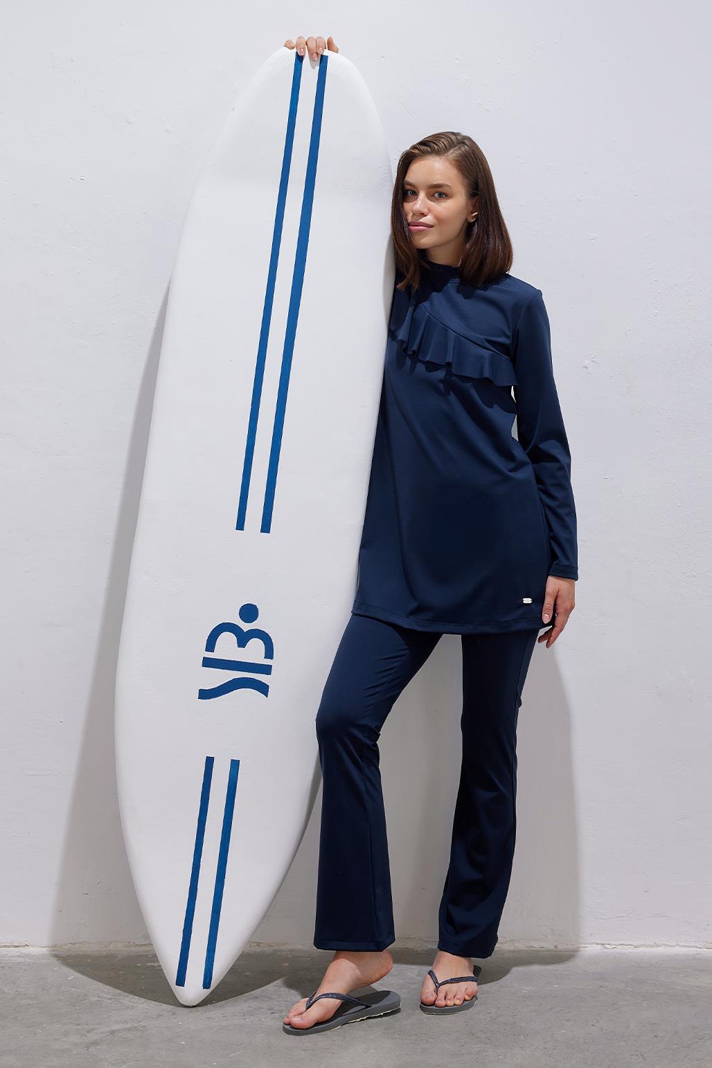 Lycra Flounced Modest Swimwear Set Navy Blue