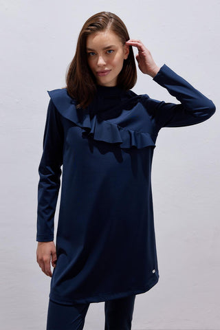 Lycra Flounced Modest Swimwear Two-Piece Set Navy Blue