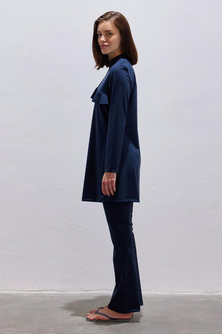 Lycra Flounced Modest Swimwear Two-Piece Set Navy Blue
