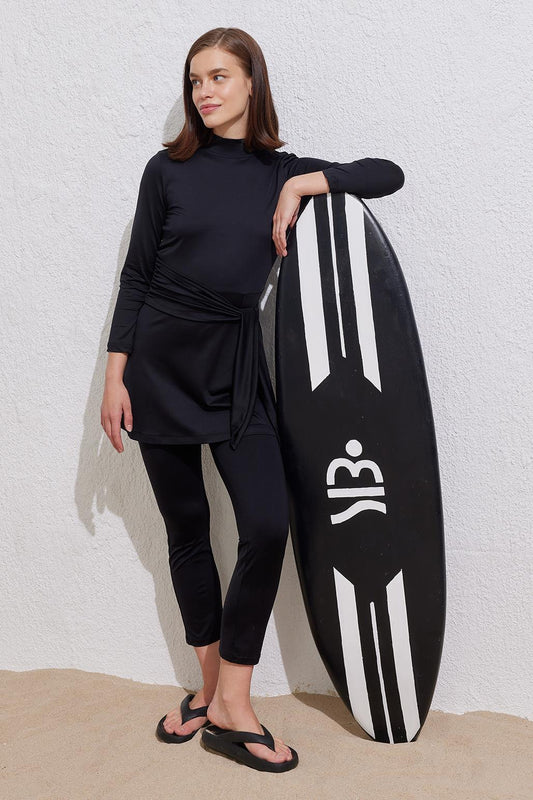 Lycra Waist Tied Modest Swimwear Two-Piece Set Black