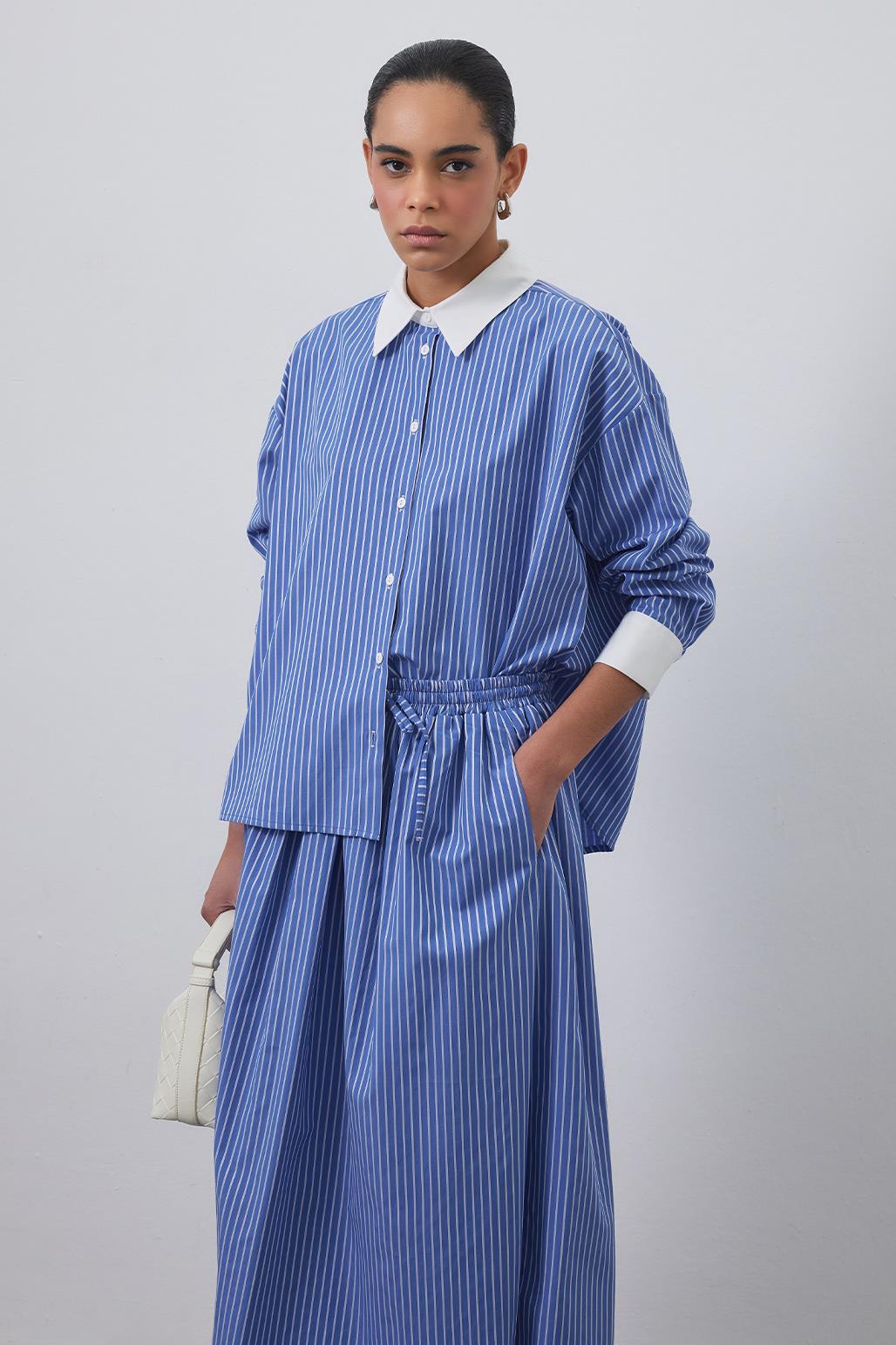 Manch Striped Shirt Skirt Set Blue