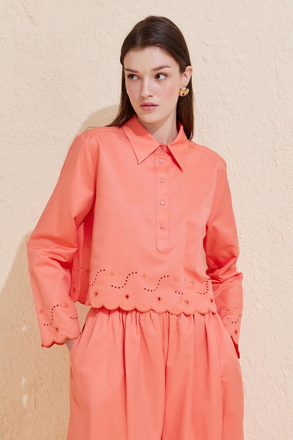 Mesa Embroidered Laser Cut Cotton Tunic Skirt Set Apricot