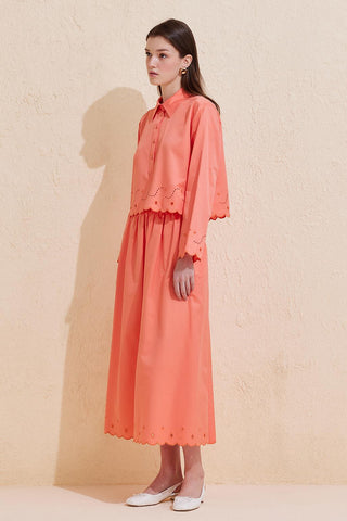 Mesa Embroidered Laser Cut Cotton Tunic Skirt Set Apricot