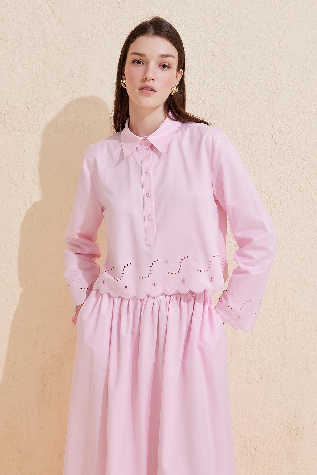 Mesa Embroidered Laser Cut Cotton Tunic Skirt Set Pink