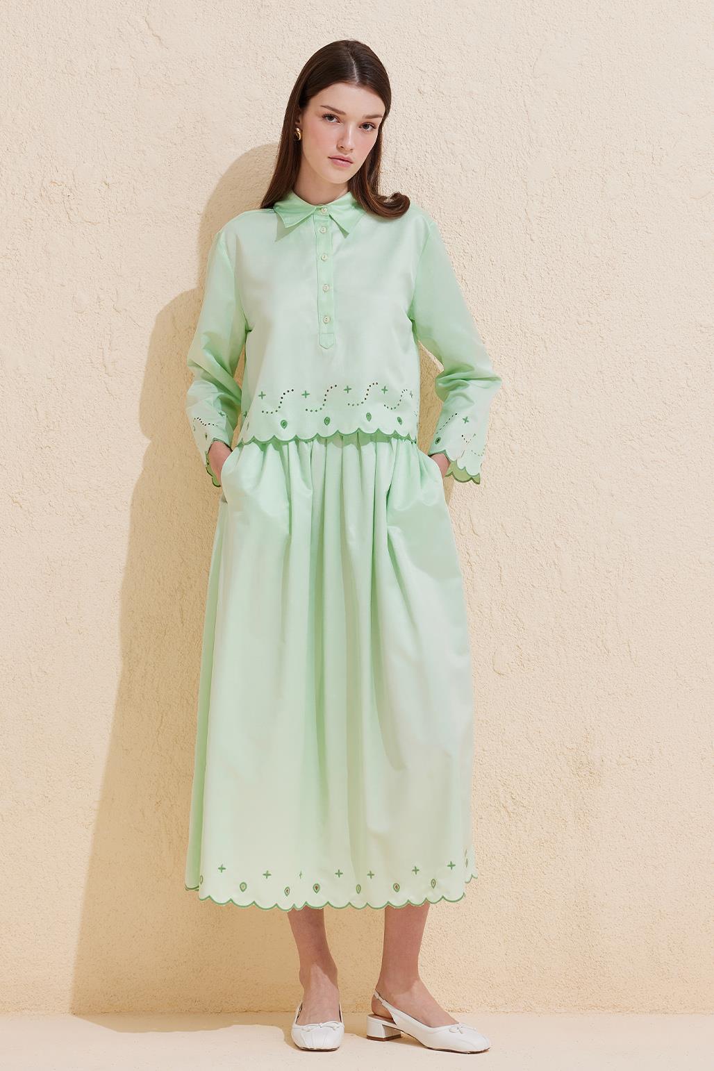 Mesa Embroidered Laser Cut Cotton Tunic Skirt Set Green