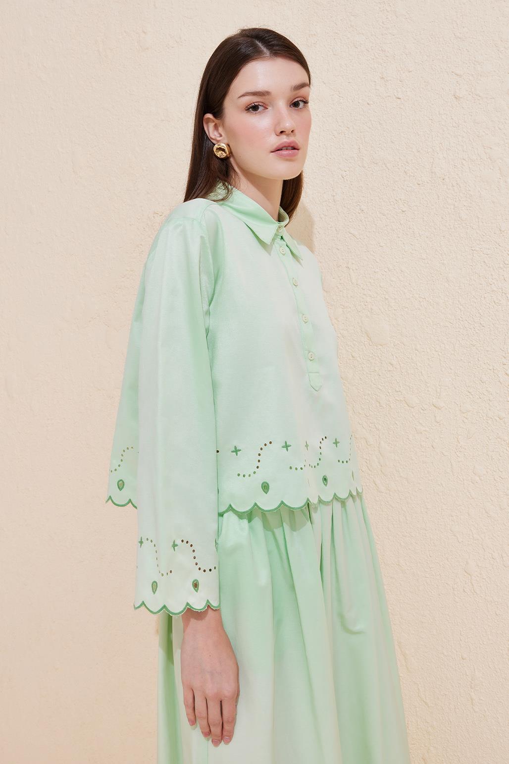 Mesa Embroidered Laser Cut Cotton Tunic Skirt Set Green