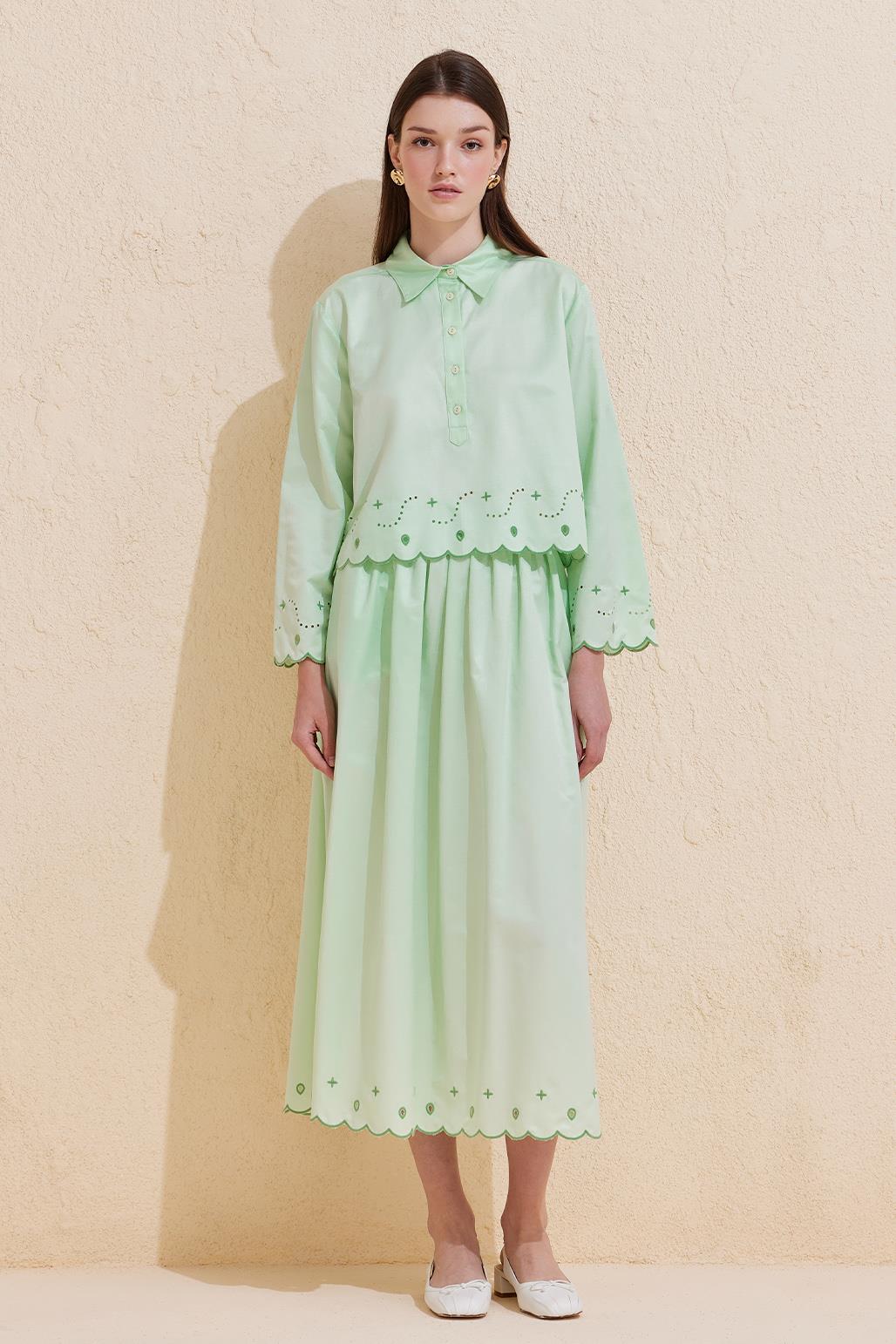 Mesa Embroidered Laser Cut Cotton Tunic Skirt Set Green