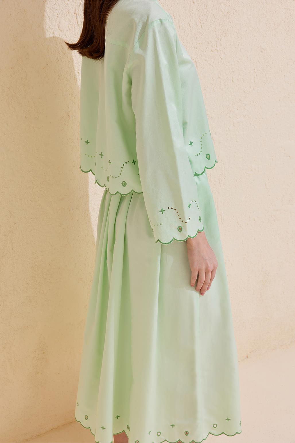 Mesa Embroidered Laser Cut Cotton Tunic Skirt Set Green