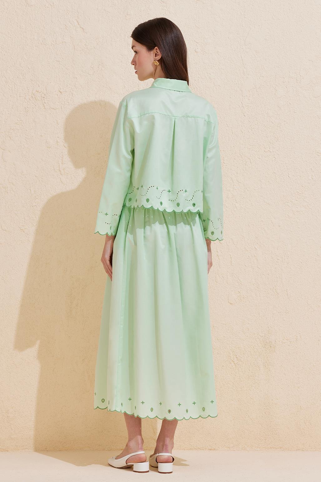 Mesa Embroidered Laser Cut Cotton Tunic Skirt Set Green