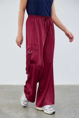 Milena Satin Cargo Pocket Trousers Burgundy