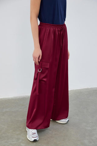 Milena Satin Cargo Pocket Trousers Burgundy