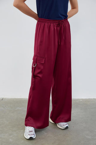 Milena Satin Cargo Pocket Trousers Burgundy