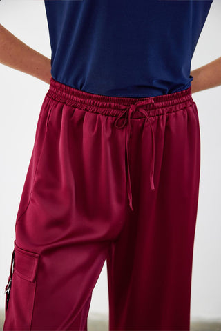 Milena Satin Cargo Pocket Trousers Burgundy
