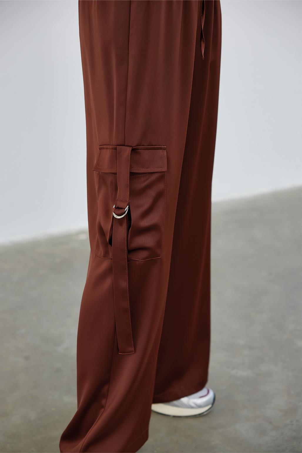 Milena Satin Cargo Pocket Trousers Brown
